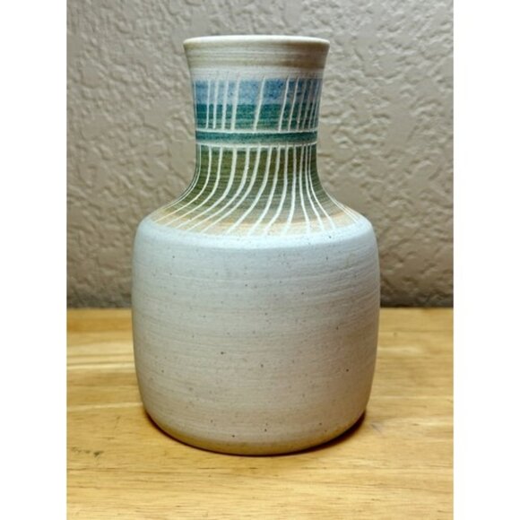 Art Pottery Vase Neutral Abstract Zen Minimalist MCM Blue Green Gold 5.25” - Picture 6 of 10